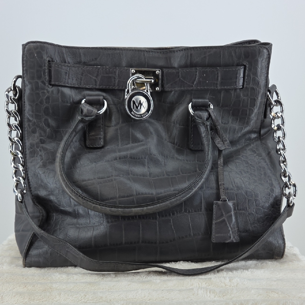 Michael Kors Hanilton Grey Croc-Embossed Shoulder Bag